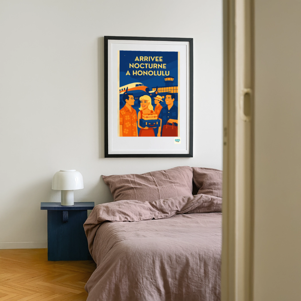 Affiche encadrée l'Arrivée nocturne à Honolulu - black