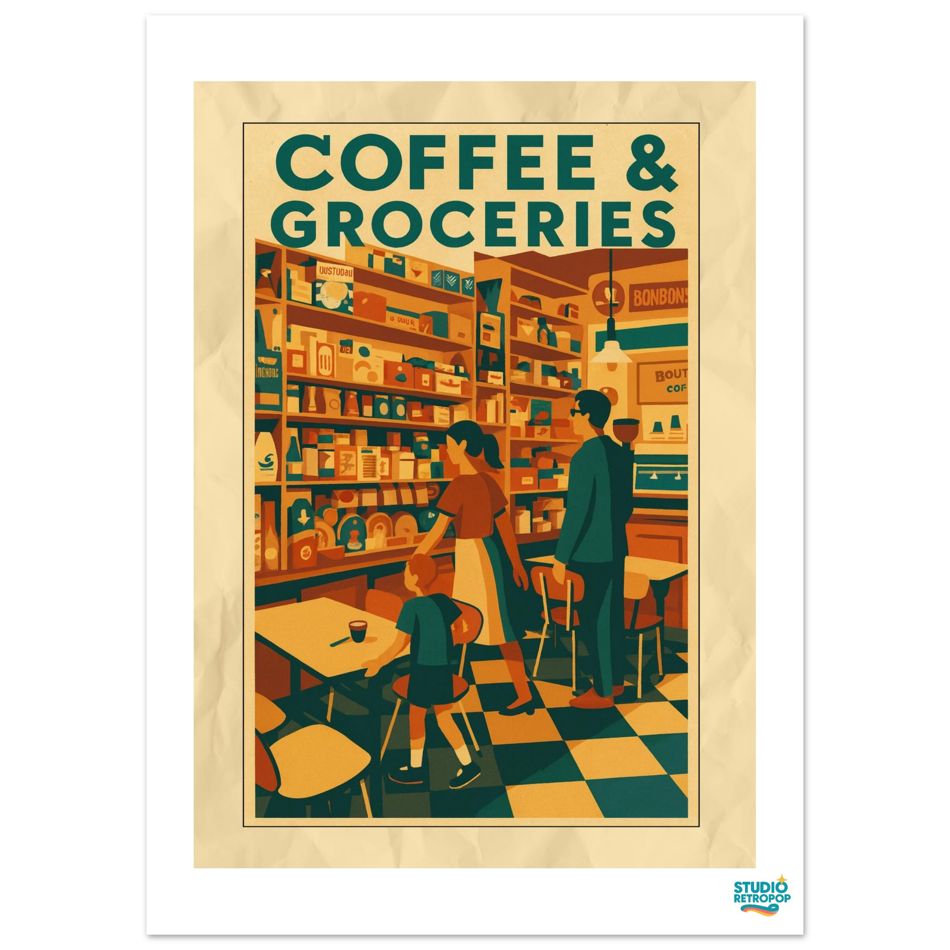 Affiche  "Coffee & Groceries" – L’ambiance rétro des commerces d’antan - StudioRetroPop