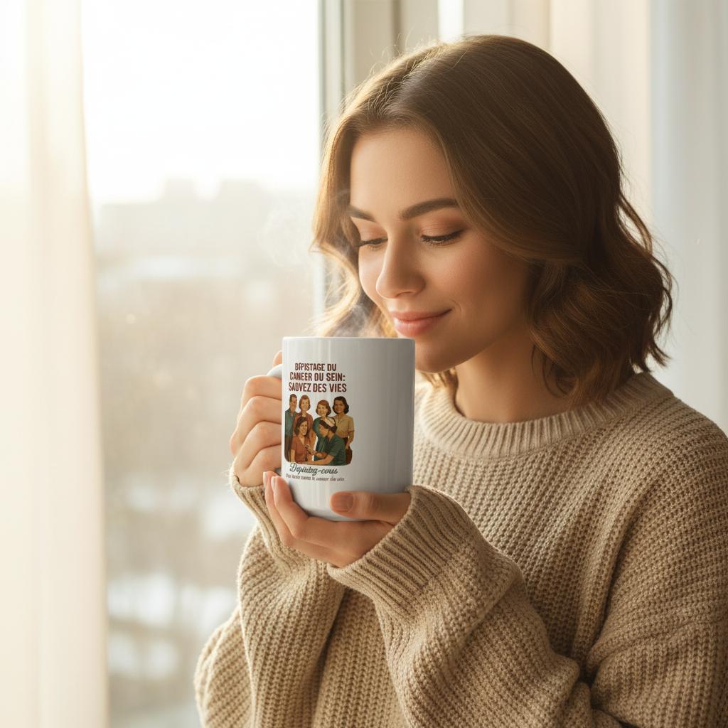 Tasse "Dépistage du cancer du sein : Sauvez des vies"  en céramique blanc - StudioRetroPop