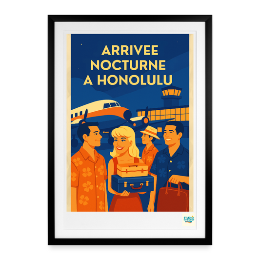 Affiche encadrée l'Arrivée nocturne à Honolulu - black