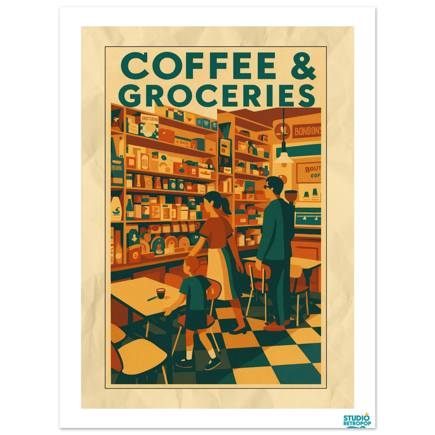 Affiche  "Coffee & Groceries" – L’ambiance rétro des commerces d’antan - StudioRetroPop