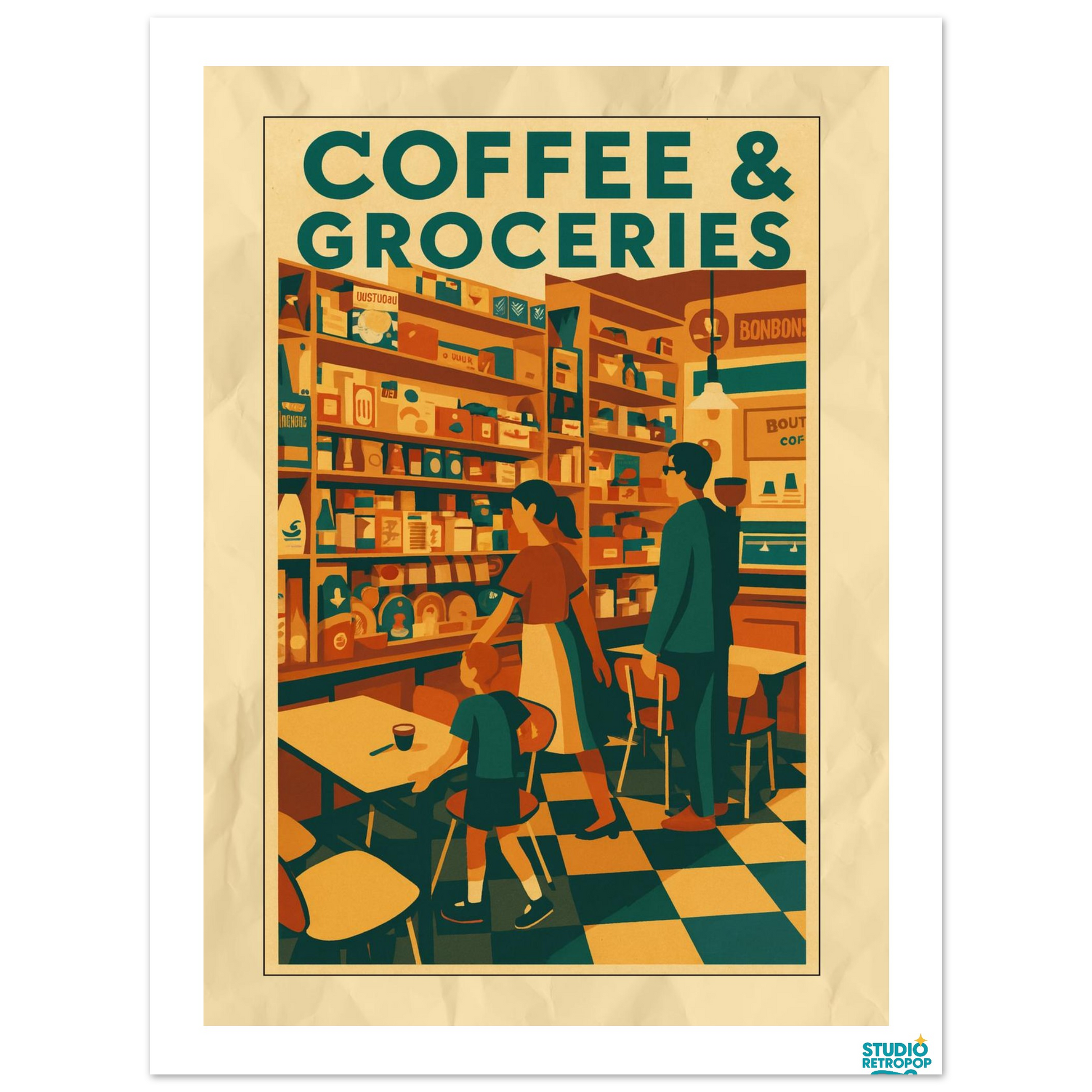 Affiche  "Coffee & Groceries" – L’ambiance rétro des commerces d’antan - StudioRetroPop