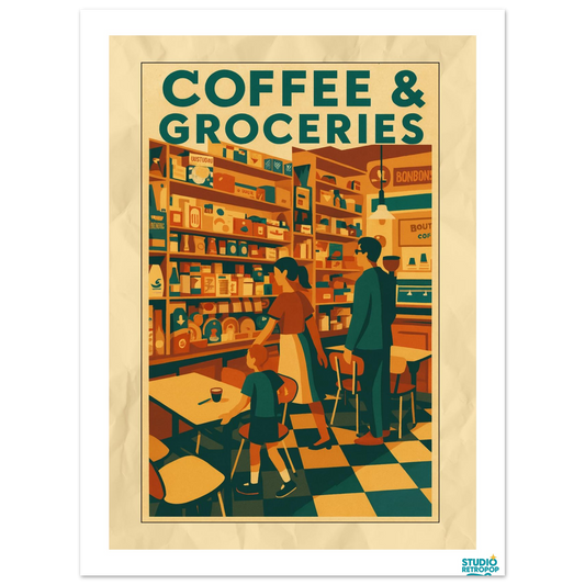 Affiche  "Coffee & Groceries" – L’ambiance rétro des commerces d’antan - StudioRetroPop