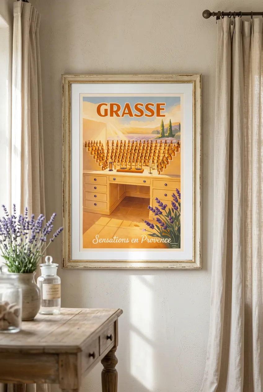 Affiche Grasse Sensation de Provence encadrée dans un salon provençal baigné de lumière douce