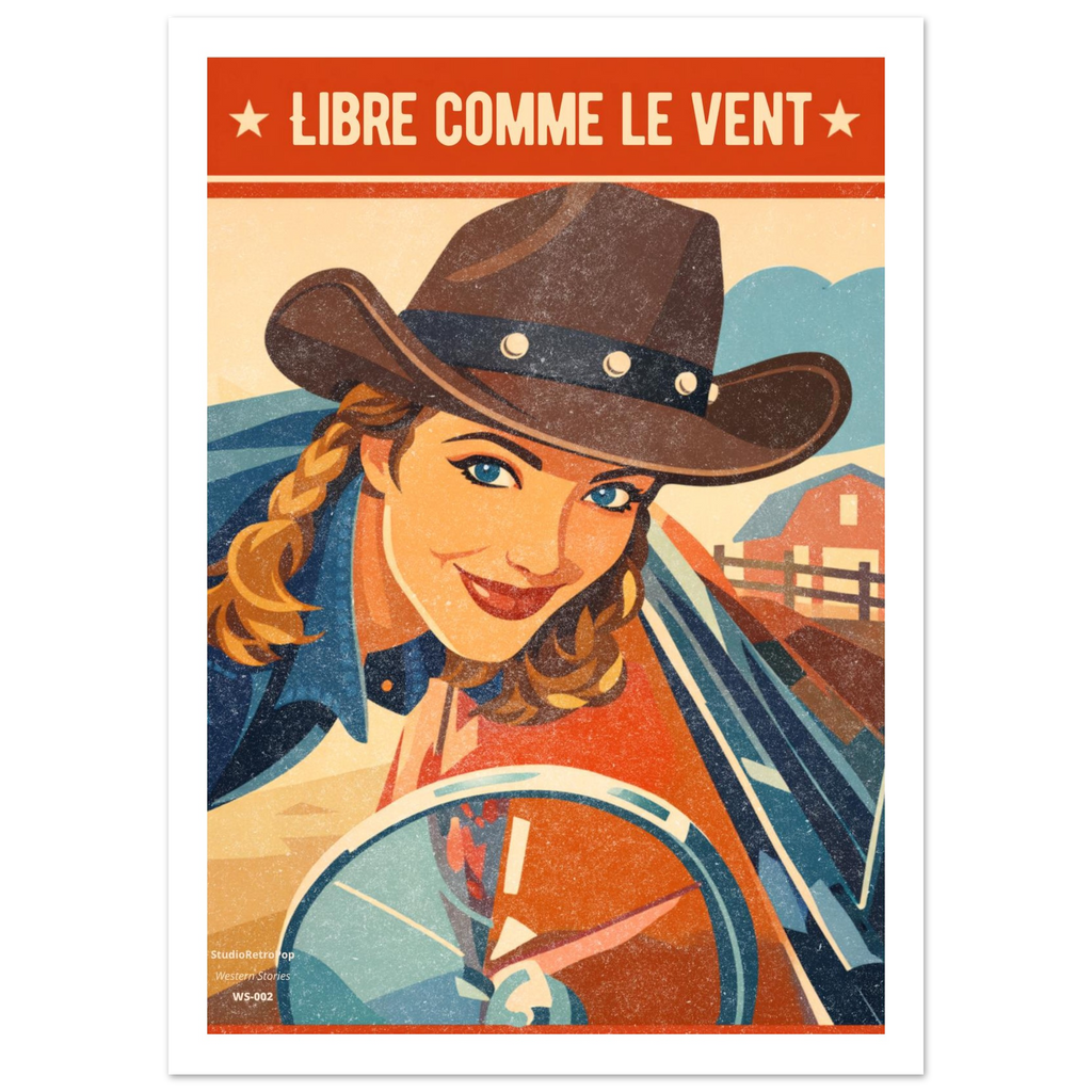 ffiche rétro cowgirl Libre comme le vent - illustration vintage Western - StudioRetroPop® WS-002