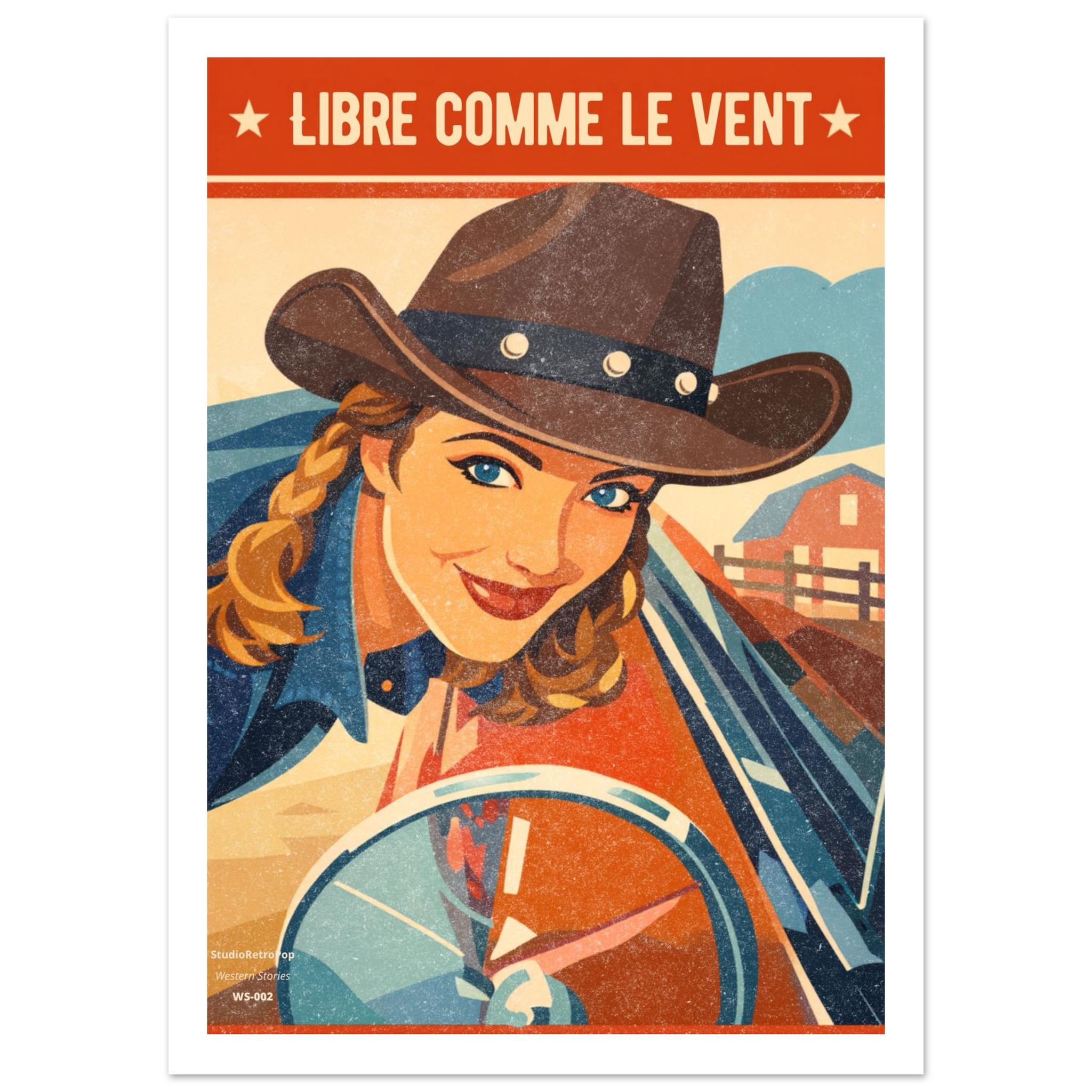 ffiche rétro cowgirl Libre comme le vent - illustration vintage Western - StudioRetroPop® WS-002