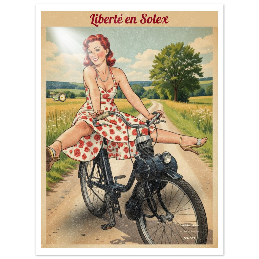 Affiche rétro Liberté en Solex – illustration pin-up années 50 balade champêtre StudioRetroPop