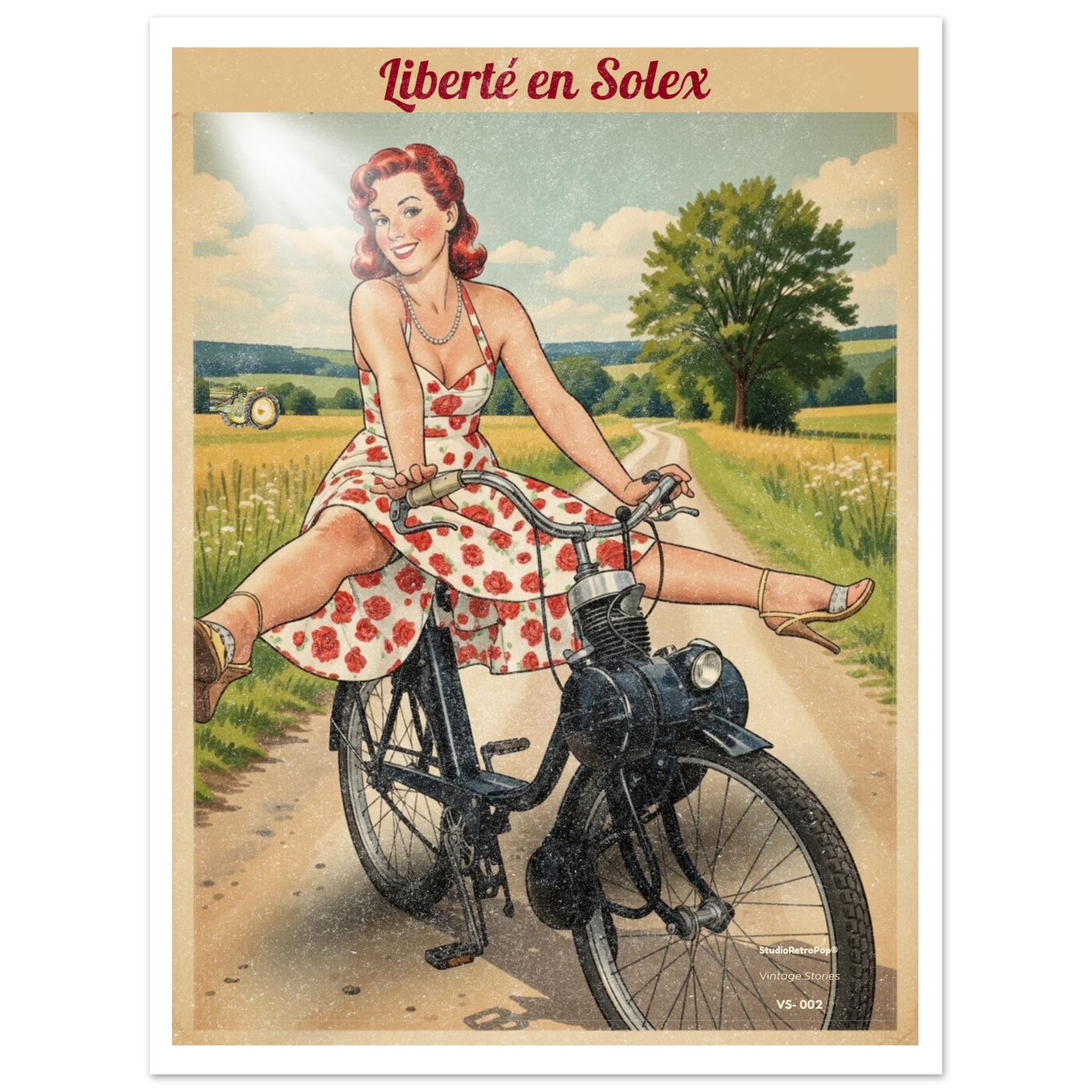 Affiche rétro Liberté en Solex – illustration pin-up années 50 balade champêtre StudioRetroPop
