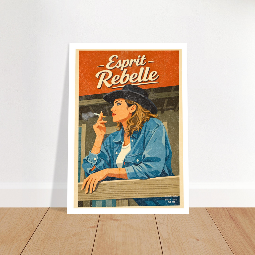 Affiche Esprit Rebelle 50x70 cm – Illustration vintage western, femme au chapeau noir, palette terreuse rétro chic – Collection Western Stories WS-001 StudioRetroPop®