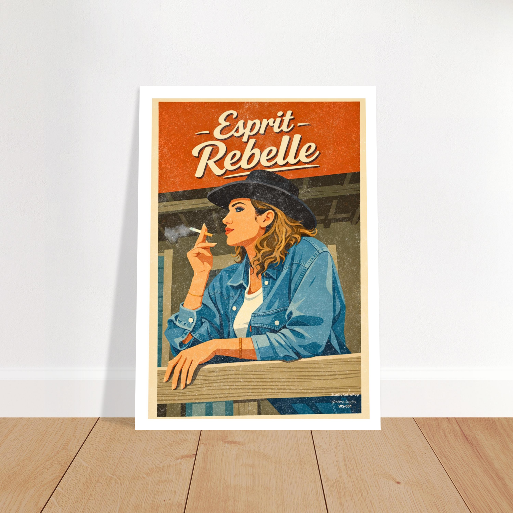 Affiche Esprit Rebelle 50x70 cm – Illustration vintage western, femme au chapeau noir, palette terreuse rétro chic – Collection Western Stories WS-001 StudioRetroPop®