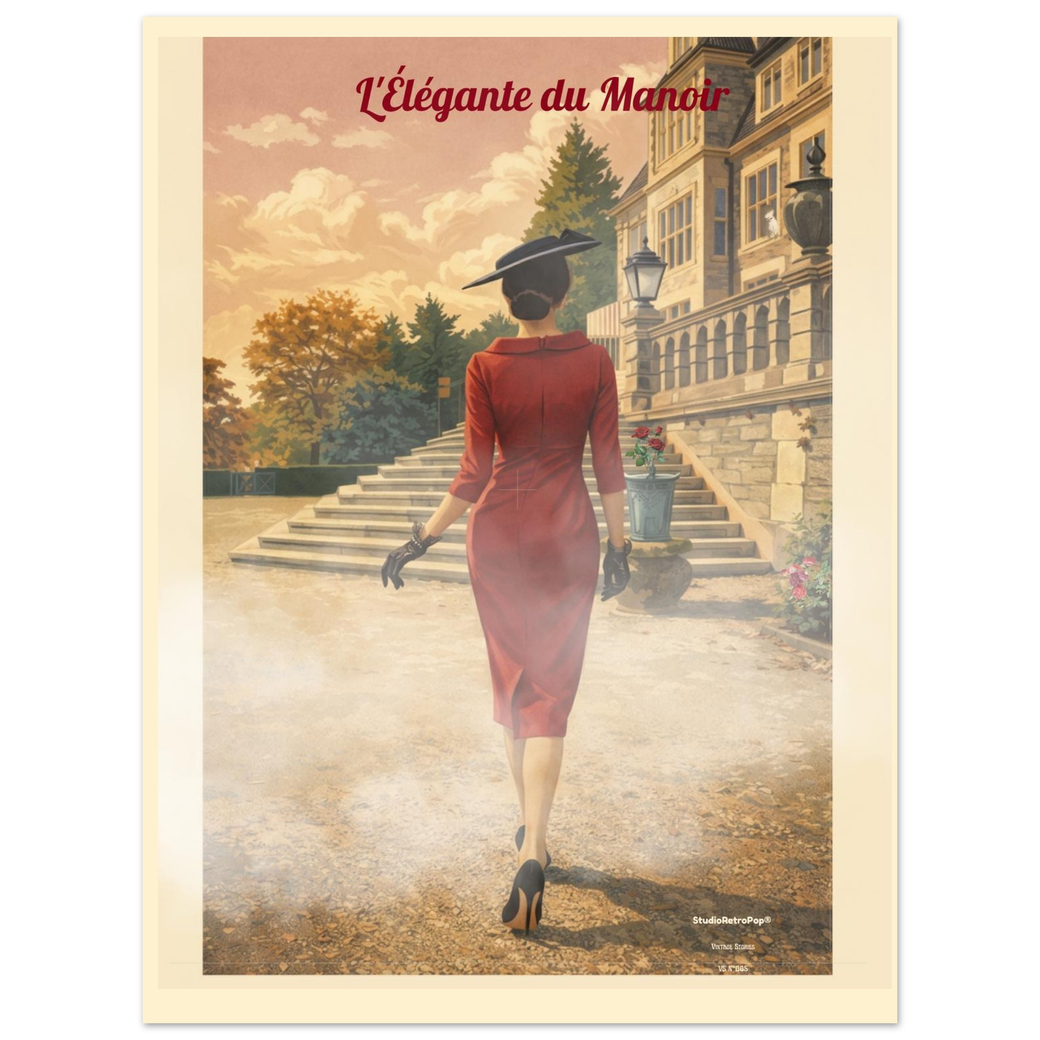 Affiche L'élégante du manoir — Affiche vintage chic – Collection Vintage Stories VS N°005 – StudioRetroPop® – 30x40 cm / 12x16″