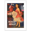 Affiche rétro 'Rouge Minuit' avec femme en robe à pois devant le Moulin Rouge, style vintage parisien.