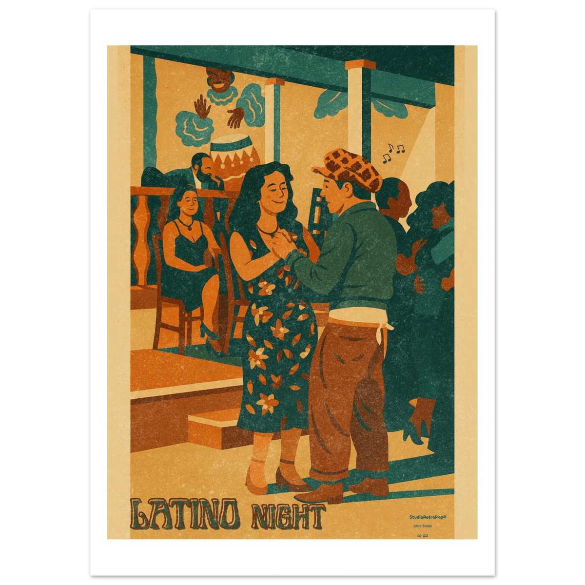 Affiche encadrée Latino Night représentant un couple dansant, une femme en robe fleurie et un homme coiffé d’une casquette à motifs. 