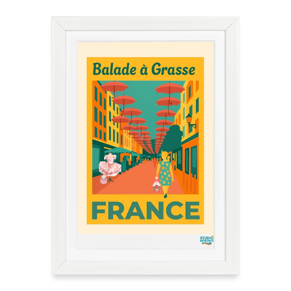 Affiche Balade à Grasse (50S) - Format 27 × 37 cm avec cadre - blanc