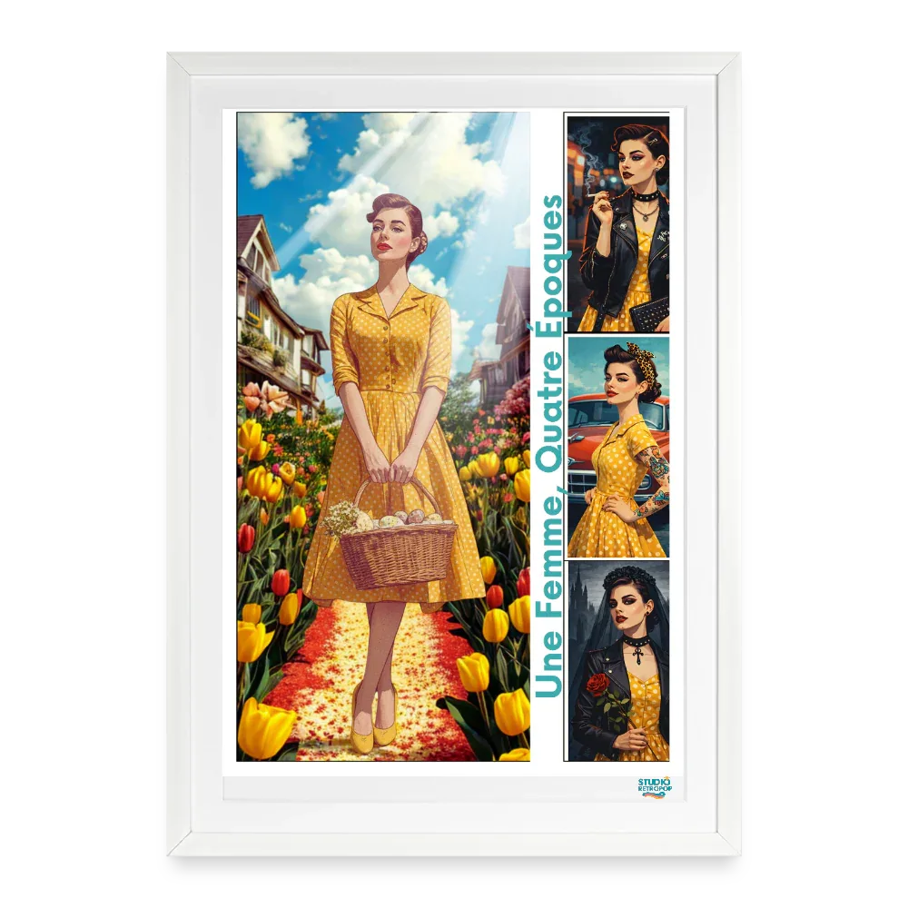 Affiche Une Femme, Quatre Époques Années 50 - 49 × 69 cm avec cadre - art rétro-pop - blanc