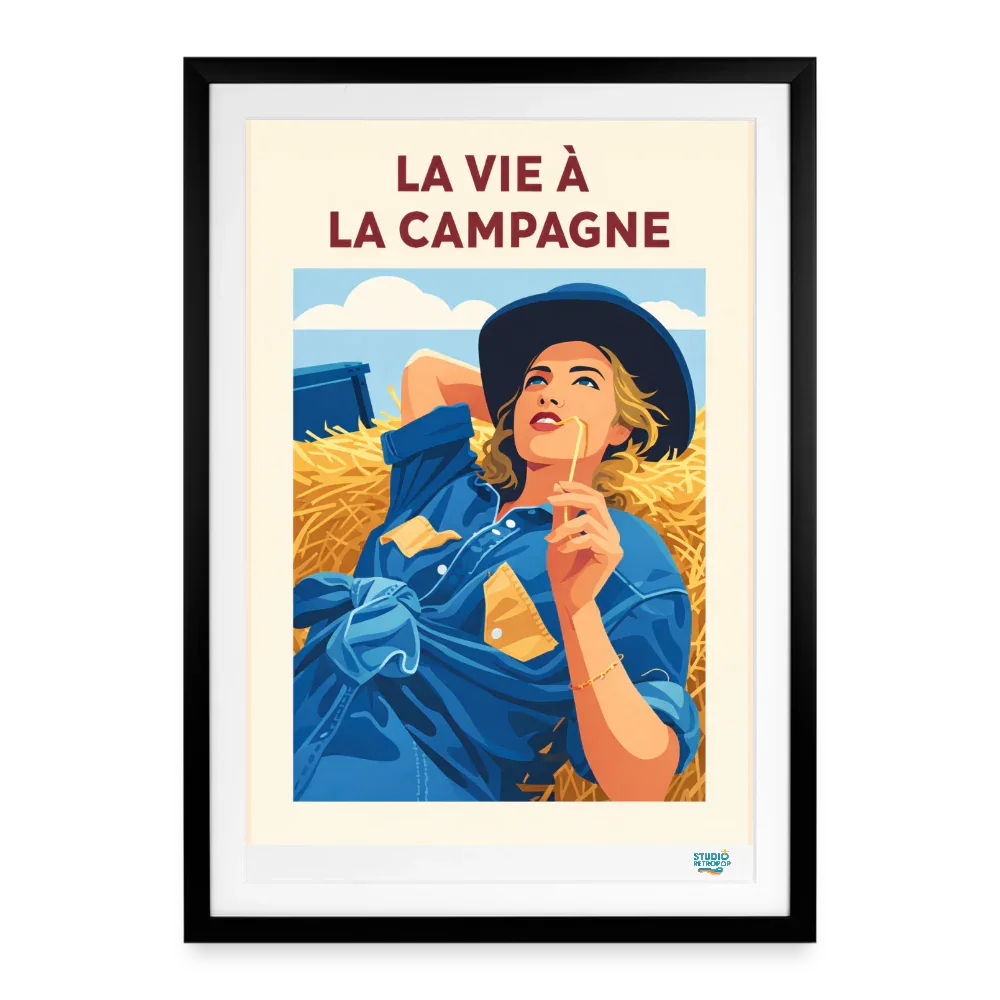 Affiche La vie à la campagne  Années 49 × 69 cm avec cadre - Art Rétro Pop - noir