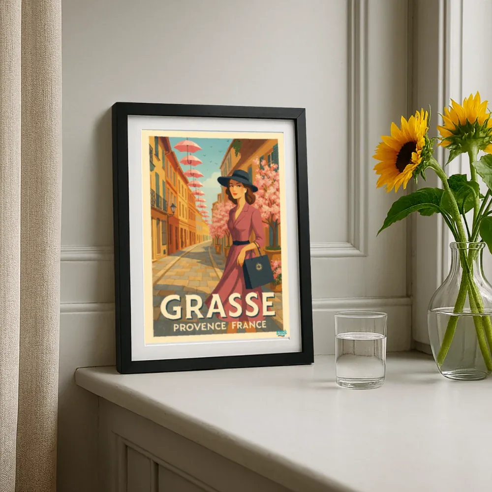 Affiche Élégance à Grasse (50s) - Format 27 × 37 cm avec cadre - noir