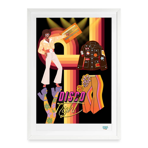 Affiche disco night Années 70 49 x 69 cm avec cadre -Art Rétro Pop - blanc
