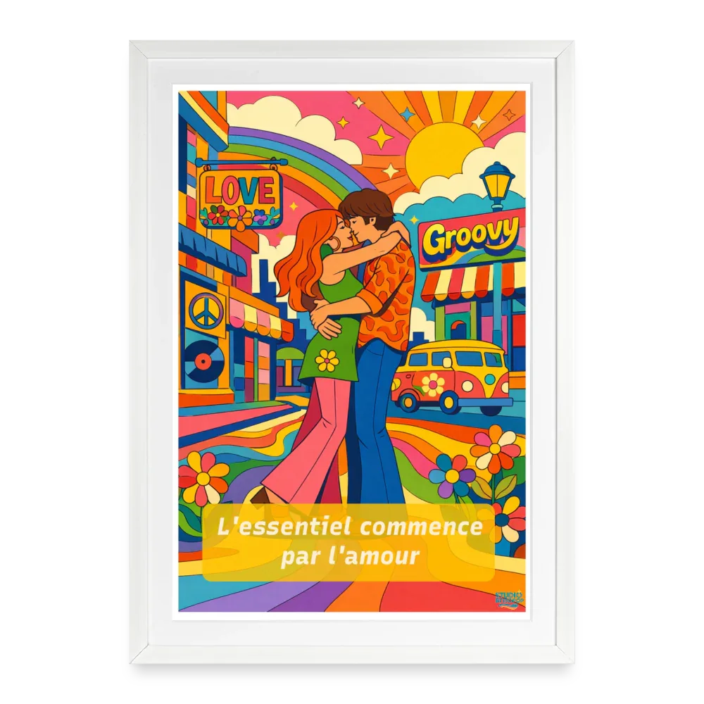Affiche L'essentiel commence par l'amour Années 70 – 49 x 69 cm avec cadre - Art Rétro Pop - StudioRetroPop