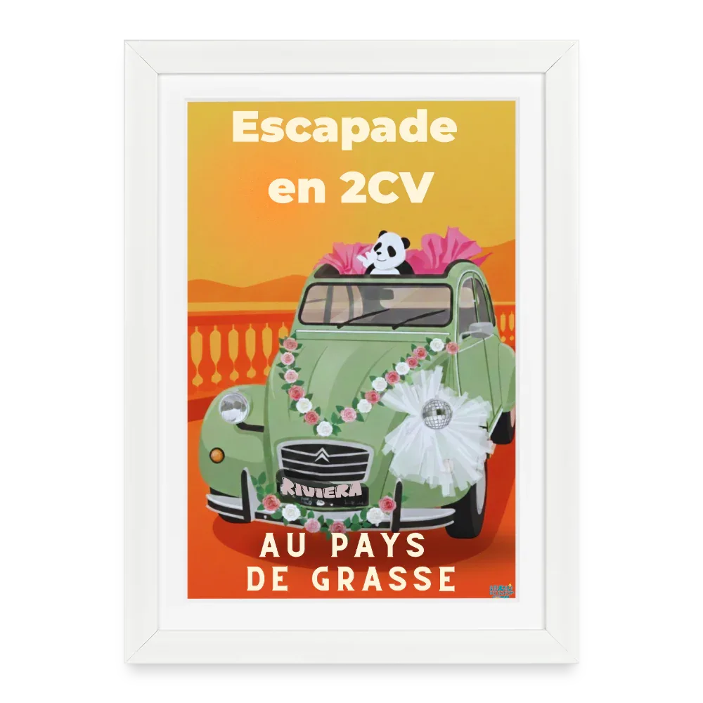 Affiche vintage Escapade en 2 CV à Grasse Années 2000 - Format 27×37cm encadrée blanc