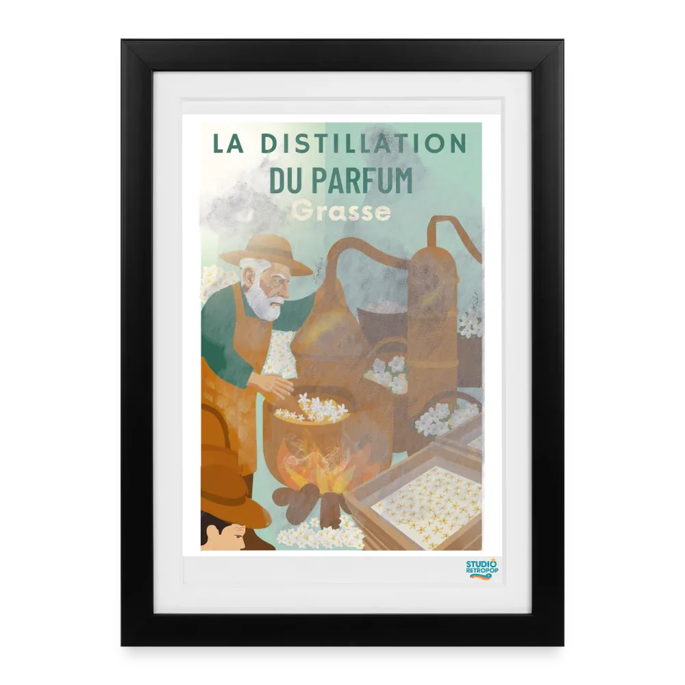 Affiche La distillation du Parfum à Grasse Années 60 - 27 x 37 cm avec cadre- Art Rétro Pop - StudioRetroPop