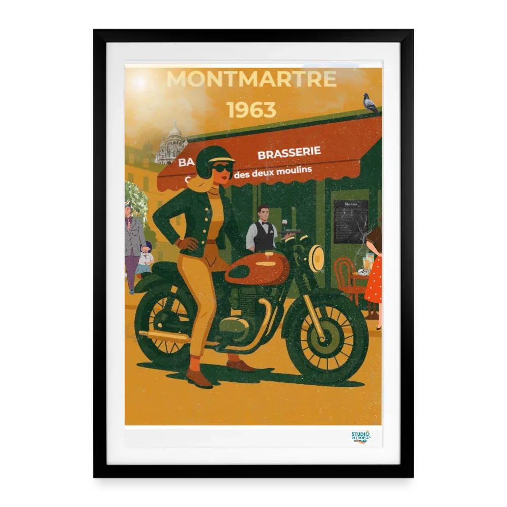 Affiche Paris Montmartre Années 60 - 49 x 69 cm avec cadre- Art Rétro Pop - noir