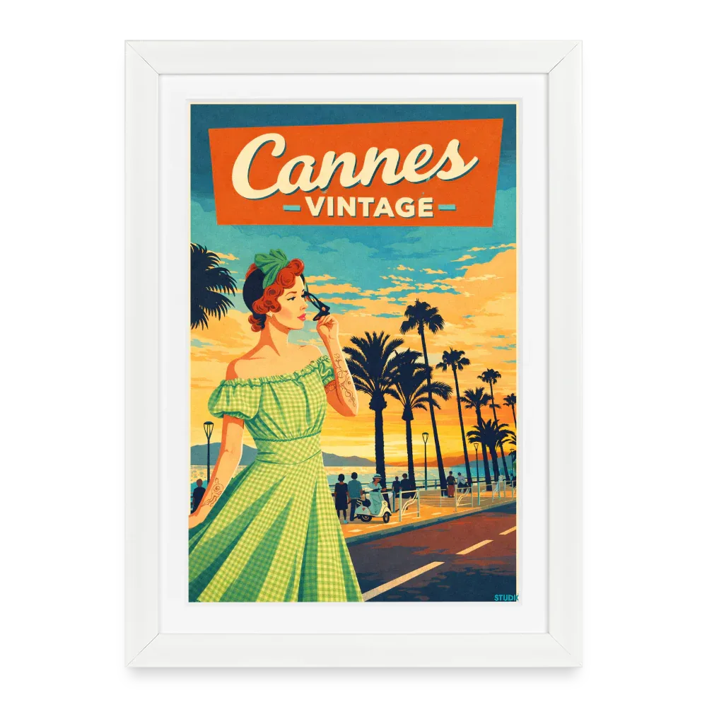 Affiche Cannes Vintage Années 60 - 27 x 37 cm avec cadre- Art Rétro Pop - blanc