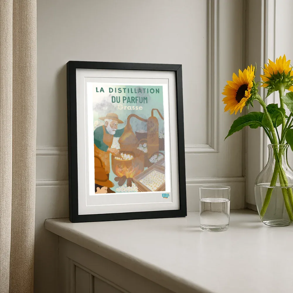 Affiche La distillation du Parfum à Grasse Années 60 - 27 x 37 cm avec cadre- Art Rétro Pop - StudioRetroPop