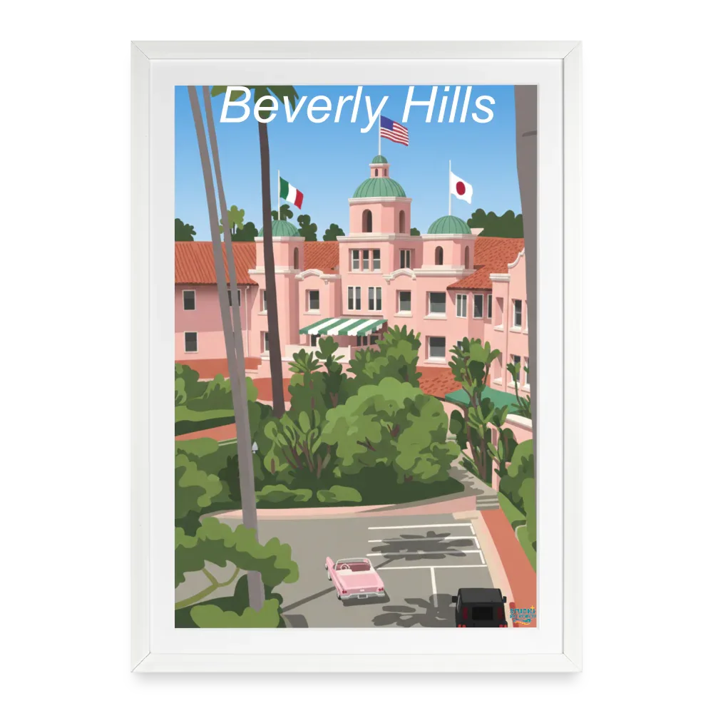 Affiche Beverly Hills Années 2000 - Format 49 × 69 cm avec cadre - blanc