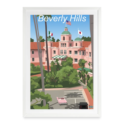 Affiche Beverly Hills Années 2000 - Format 49 × 69 cm avec cadre - blanc