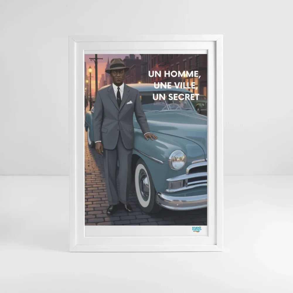 Affiche un homme, une ville, un secret Années 50–  49 x 69 cm avec cadre-Art Rétro Pop - blanc