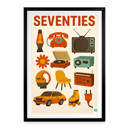 Studioretropop Affiche Seventies (70s) - Format 49 × 69 cm avec cadre - noir