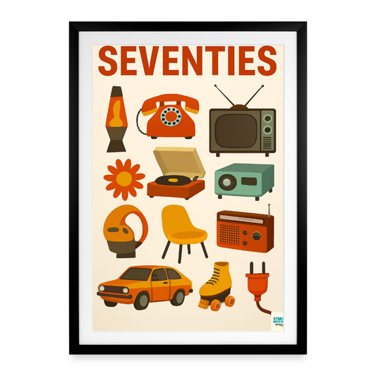 Studioretropop Affiche Seventies (70s) - Format 49 × 69 cm avec cadre - noir