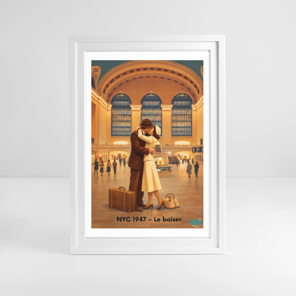 Affiche NYC 1947 - Le baiser Années 40 - Format 49 × 69 cm avec cadre - Art Rétro Pop