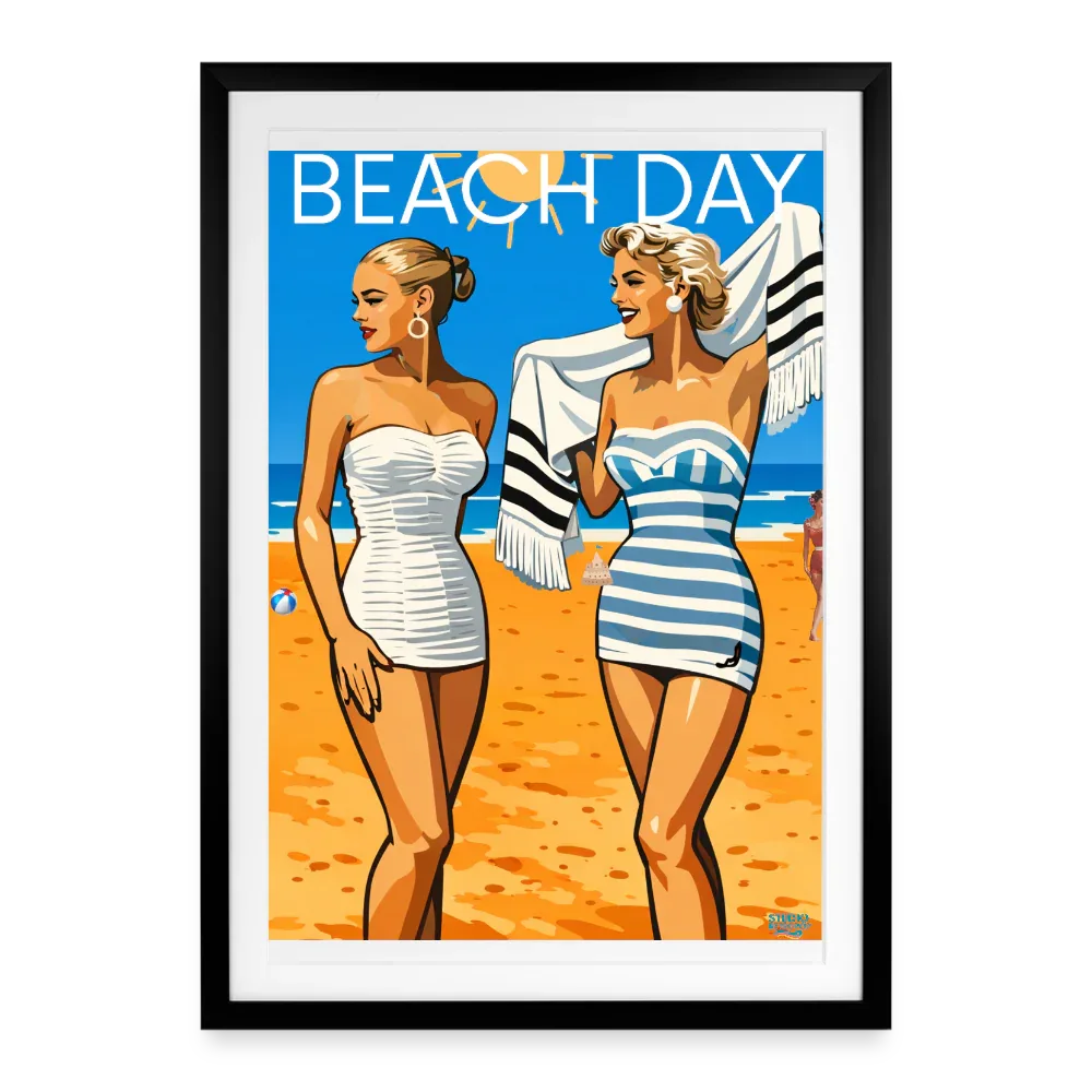 Affiche rétro “Beach Day” – Mode balnéaire Années 50 - Format 49 × 69 cm avec cadre - noir