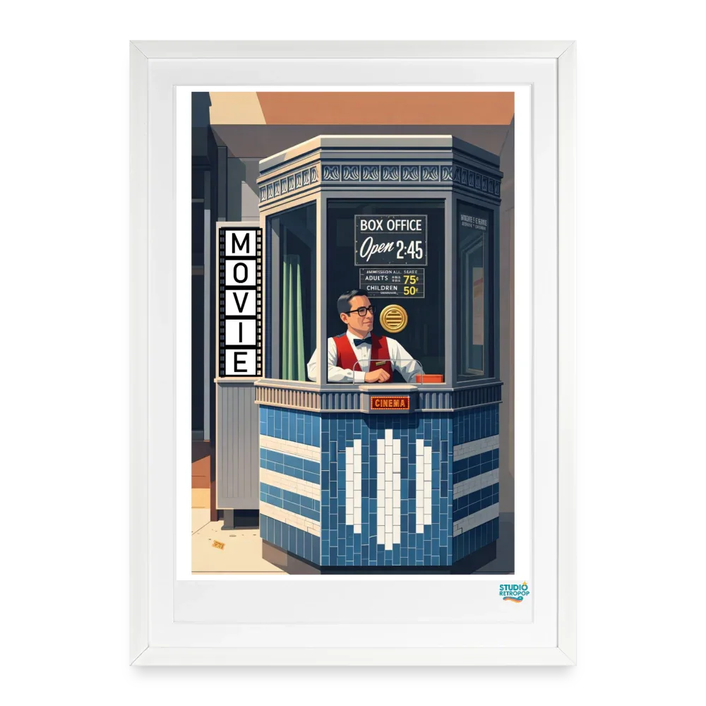 Affiche Cinéma Vintage Années 60 -  49 × 69 cm avec cadre - Art Rétro Pop - blanc