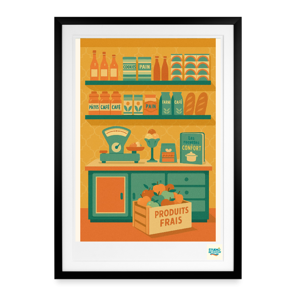 Studioretropop Affiche 60S Souvenirs sur étagères - Format 49 x 69 cm avec cadre