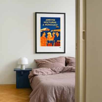 Affiche encadrée l'Arrivée nocturne à Honolulu - black