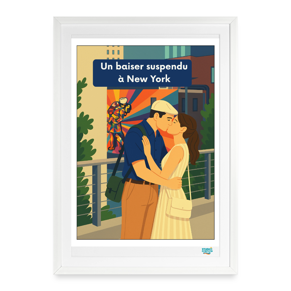 Affiche Un baiser suspendu à New York Années 60 - 49 × 69 cm avec cadre - Art Rétro Pop - blanc