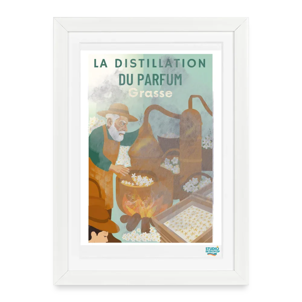 Affiche La distillation du Parfum à Grasse Années 60 - 27 x 37 cm avec cadre- Art Rétro Pop - StudioRetroPop