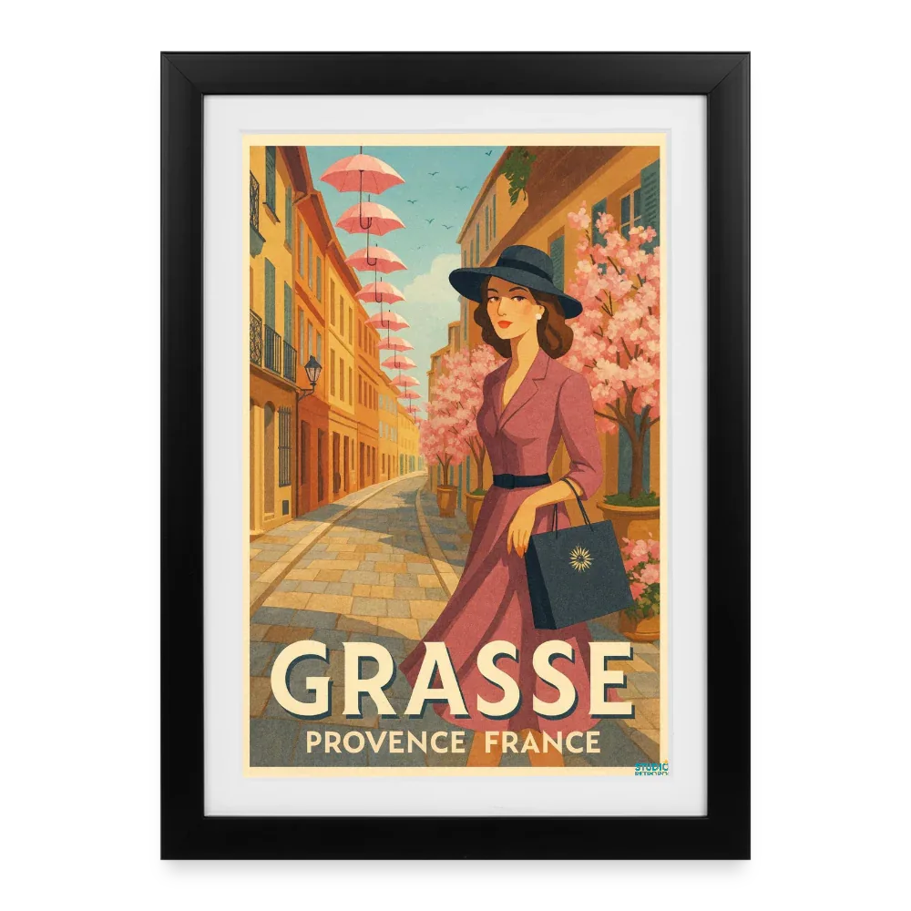 Affiche Élégance à Grasse (50s) - Format 27 × 37 cm avec cadre - noir