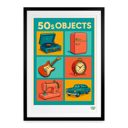 Studioretropop Affiche 50s Objects - Format 49 x 69 cm avec cadre