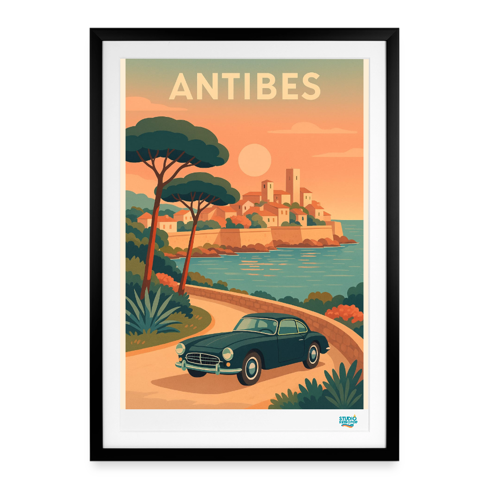 Affiche Antibes années 60 49x69cm cadre noir - poster rétro pop Côte d'Azur voyage