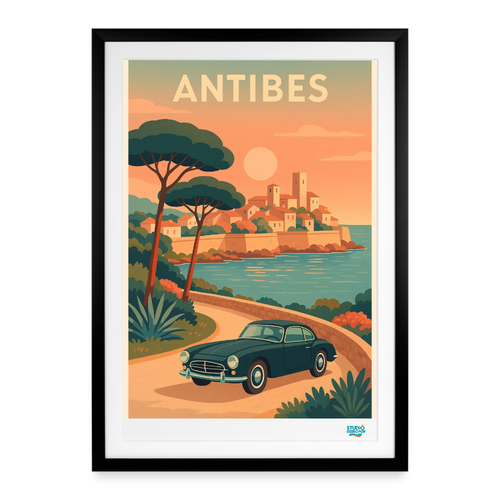 Affiche Antibes années 60 49x69cm cadre noir - poster rétro pop Côte d'Azur voyage