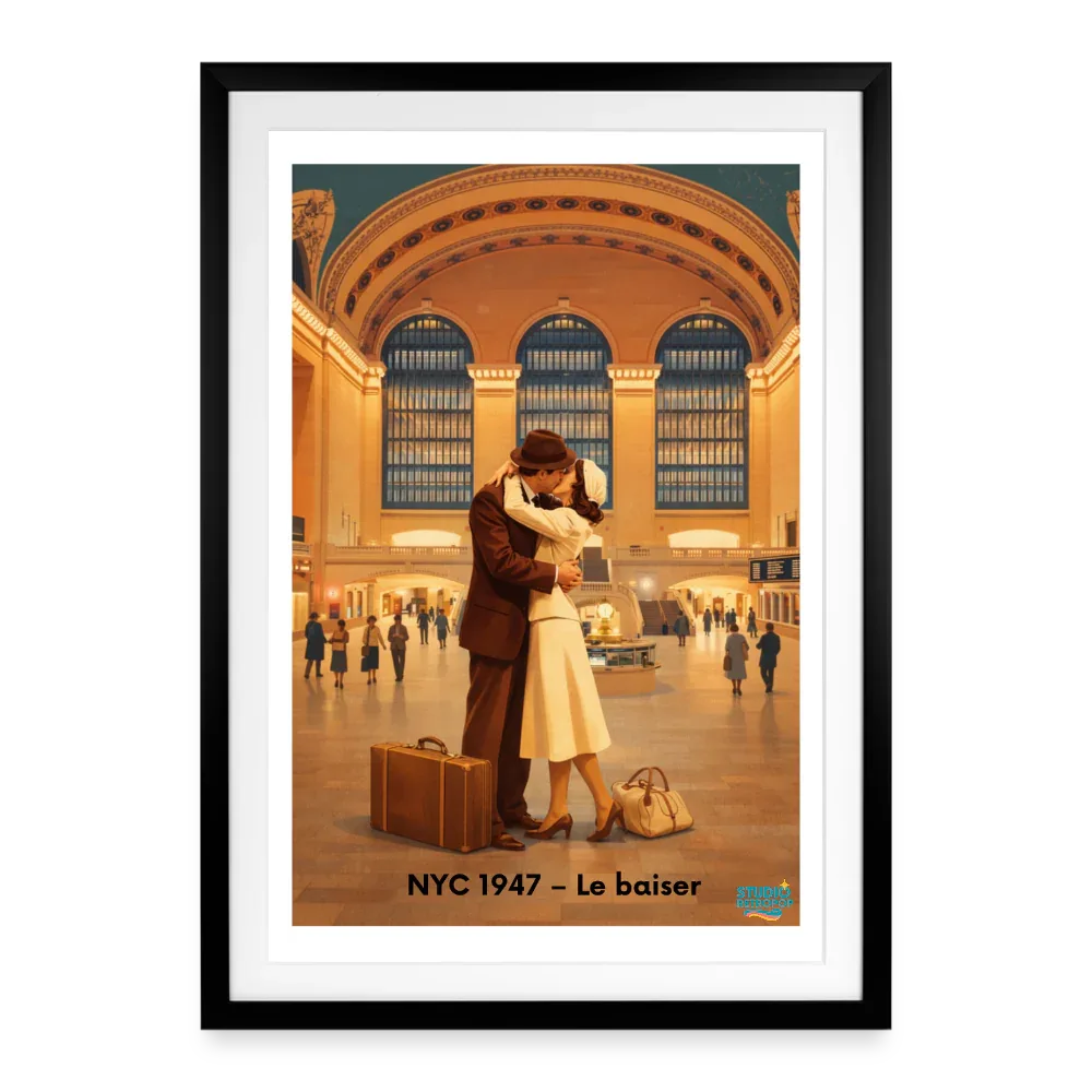 Affiche NYC 1947 - Le baiser Années 40 - Format 49 × 69 cm avec cadre - Art Rétro Pop - StudioRetroPop