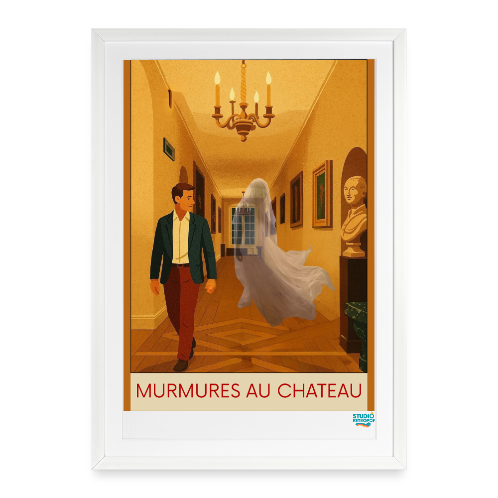 Affiche Murmures au chateau Années 2000 –  49 x 69 cm avec cadre - Art Rétro Pop - blanc