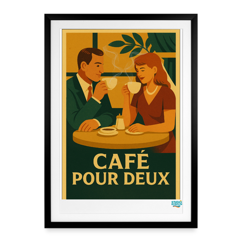 Affiche Café pour Deux Années 2000 – 49 × 69 cm avec  - Art Rétro Pop - noir