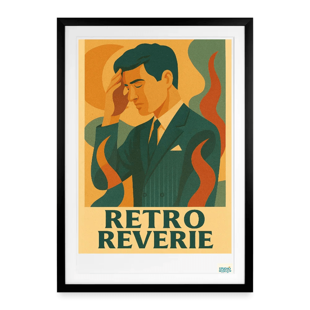 Affiche StudioRetroPop Le songeries de Monsieur Henri représentant un homme songeur en costume.