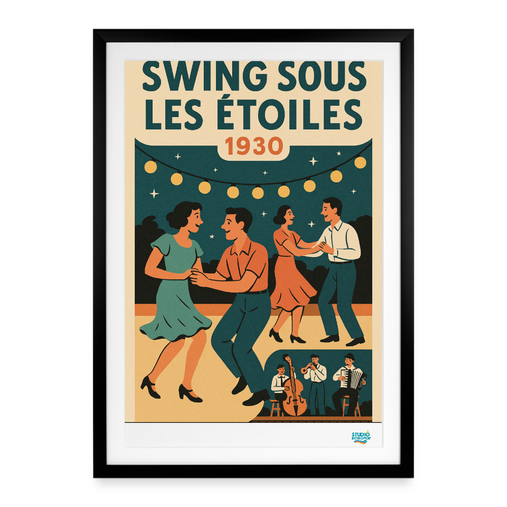 Affiche Swing sous les étoiles Années 30 – 49 × 69 cm - Art Rétro Pop - noir