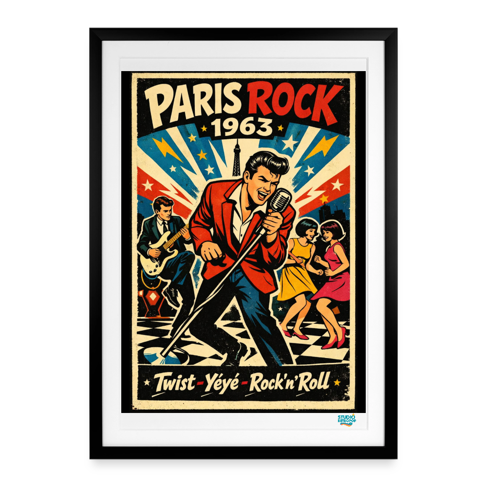 Affiche Paris Rock Années 60 - 49 × 69 cm avec cadre - Art Rétro Pop - noir